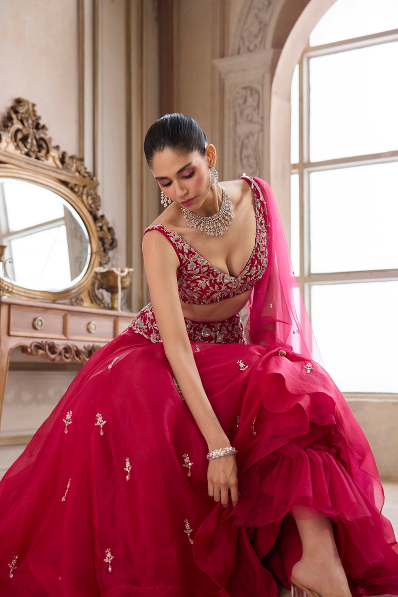 Magenta Organza Lehenga With Embroidered Belt