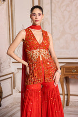 Rust Cutwork Peplum and Sharara Set
