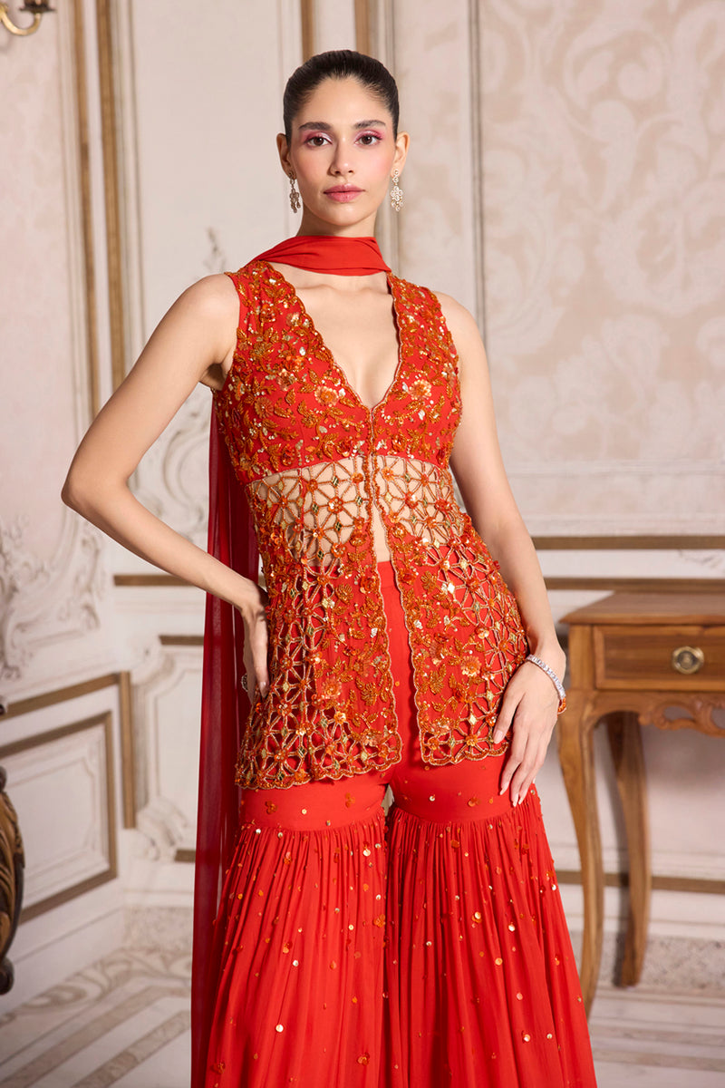 Rust Cutwork Peplum and Sharara Set