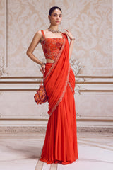 Rust Pre-Draped Saree and Corset
