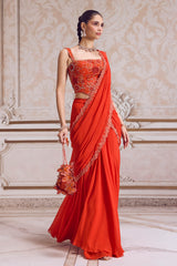 Rust Pre-Draped Saree and Corset