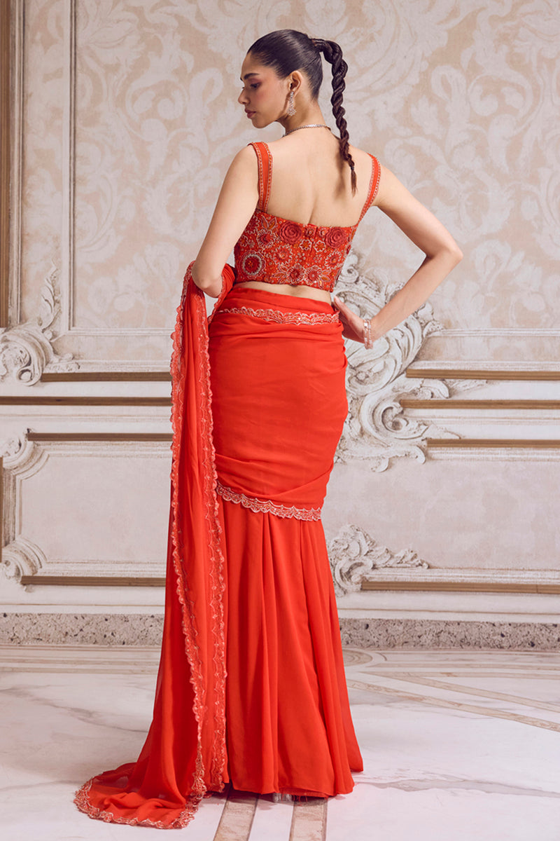 Rust Pre-Draped Saree and Corset