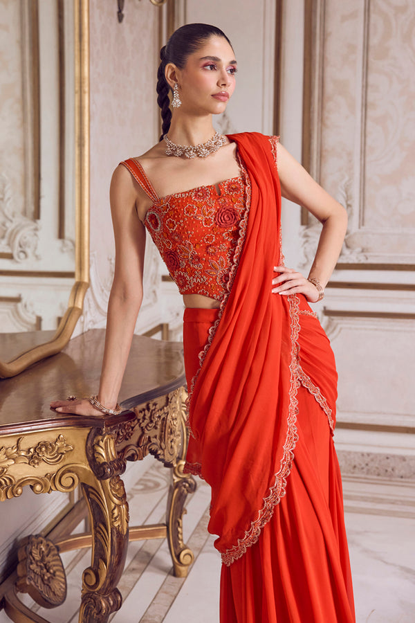 Rust Pre-Draped Saree and Corset
