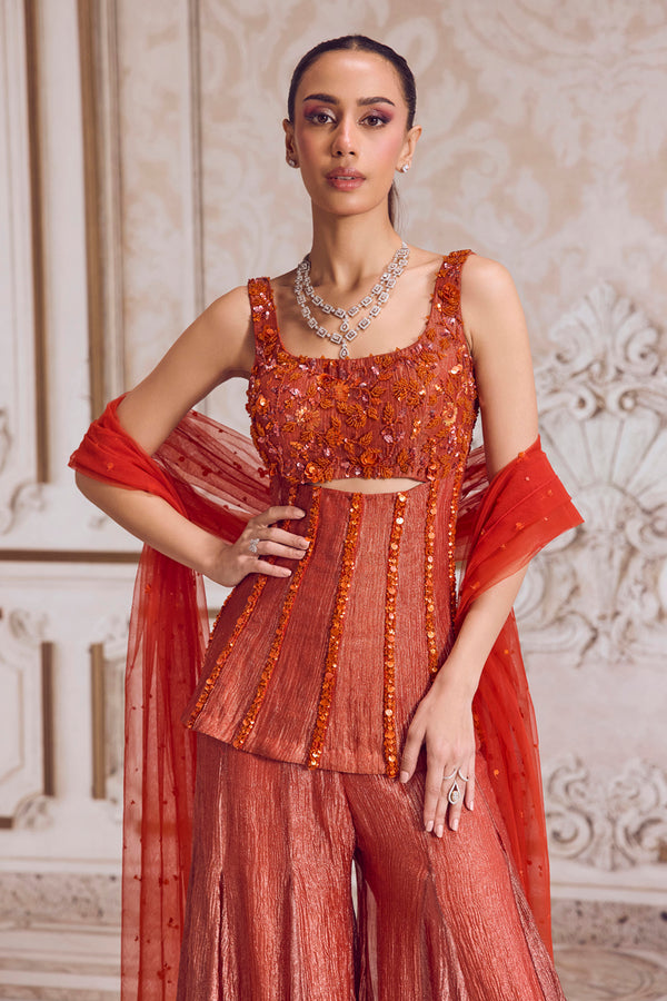 Rust Crushed Tissue Corset and Sharara Set