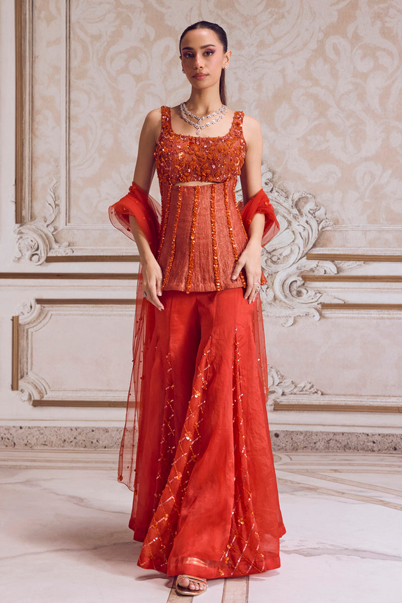 Rust Crushed Tissue Corset With Organza Sharara Set