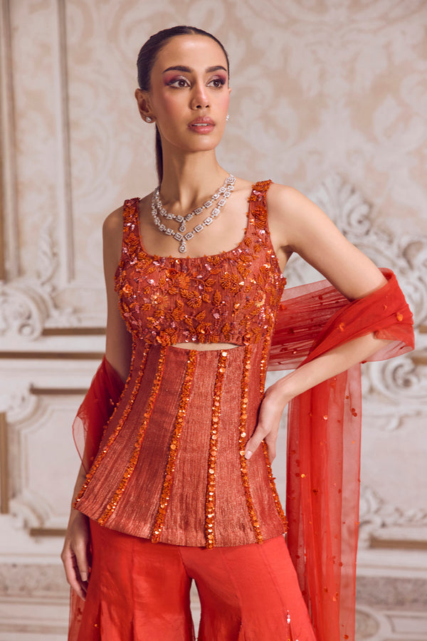 Rust Crushed Tissue Corset With Organza Sharara Set