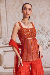Rust Crushed Tissue Corset With Organza Sharara Set