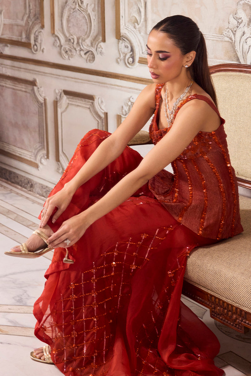 Rust Crushed Tissue Corset With Organza Sharara Set