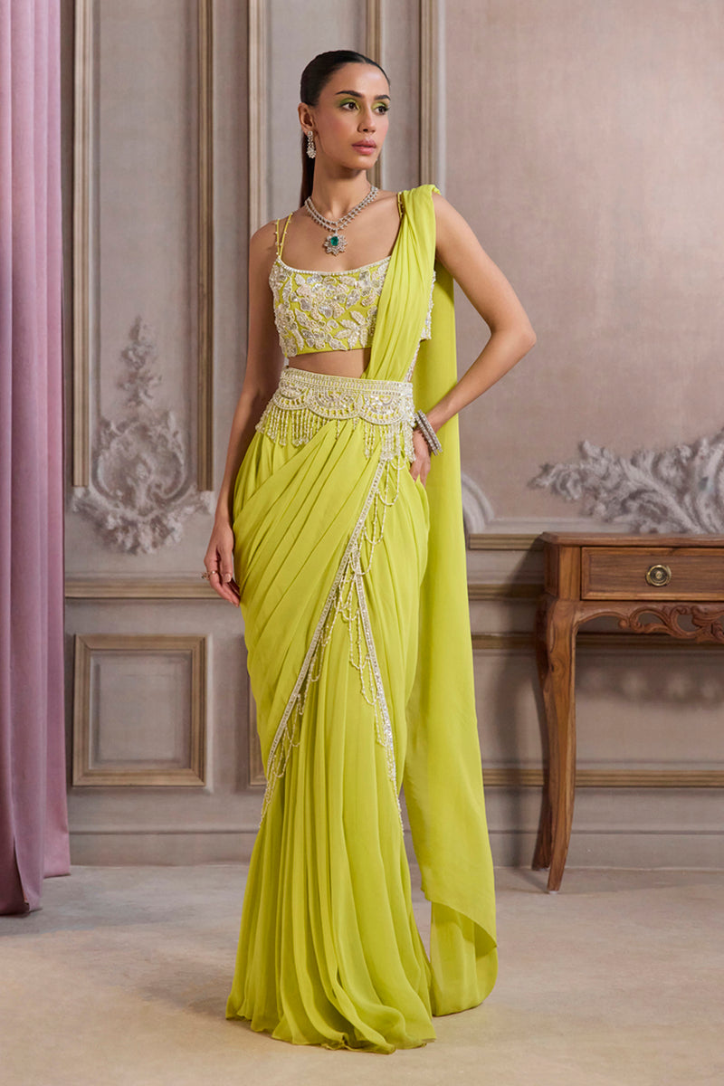 Neon Green Pre-Draped Saree With Bustier and Embroidered Belt