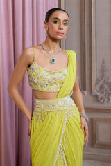 Neon Green Pre-Draped Saree With Bustier and Embroidered Belt