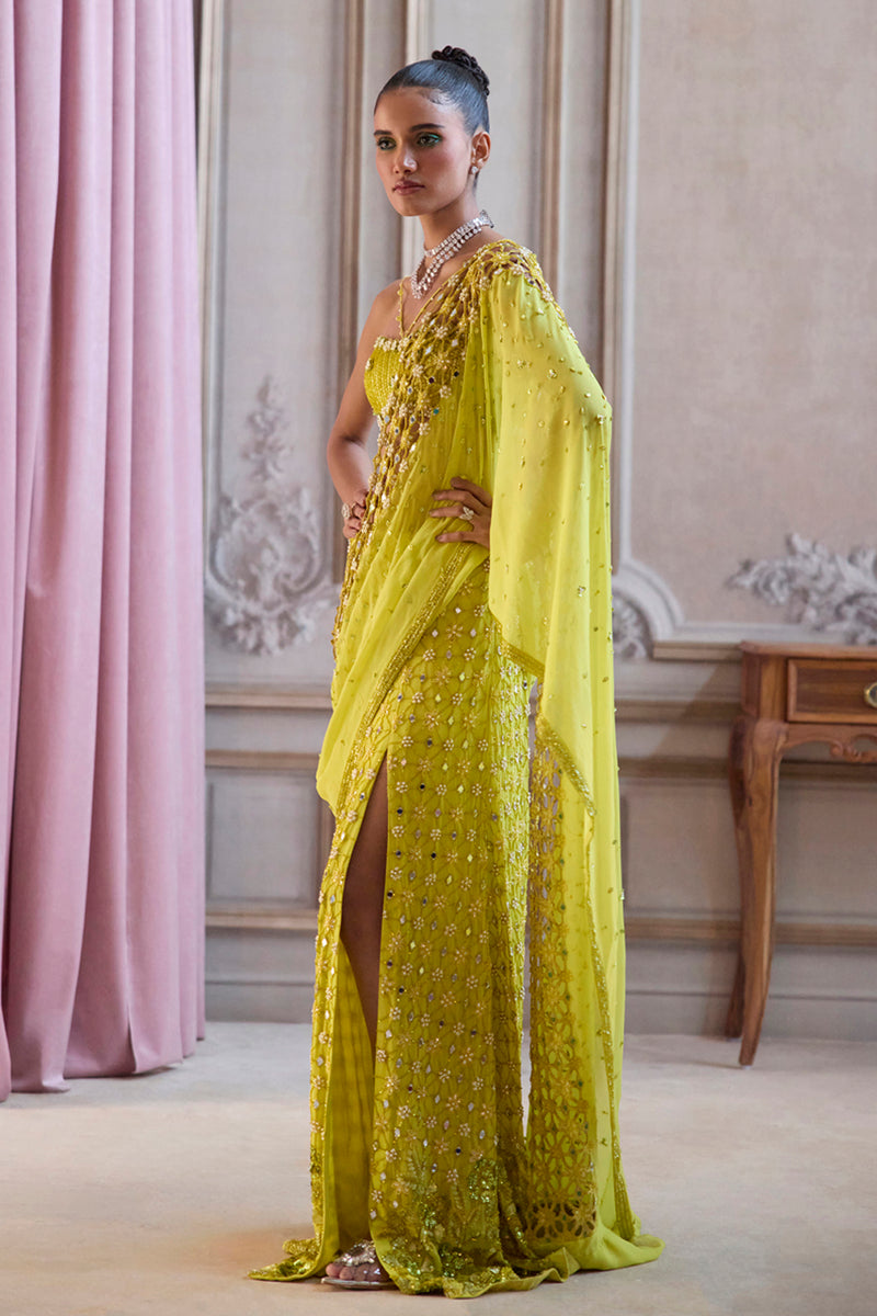 Neon Green Slit Saree With Cutwork Palla
