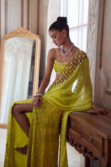 Neon Green Slit Saree With Cutwork Palla