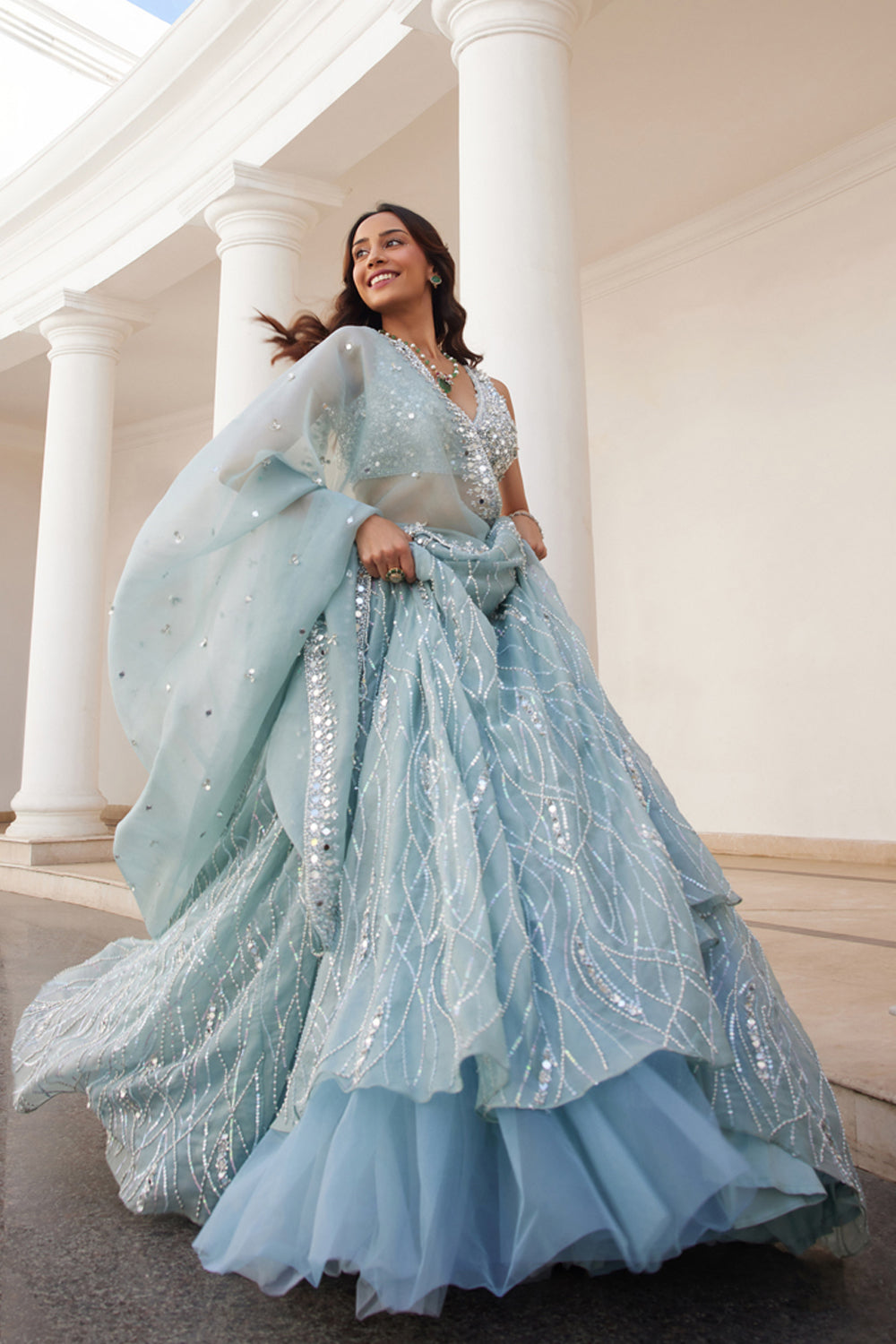 blue lehenga dress Powder Organza Set – Sanya Gulati GSHNB254X000S5M AW Core Wedding Dress, Purchase Type:Rent Featuring A Sea Blue