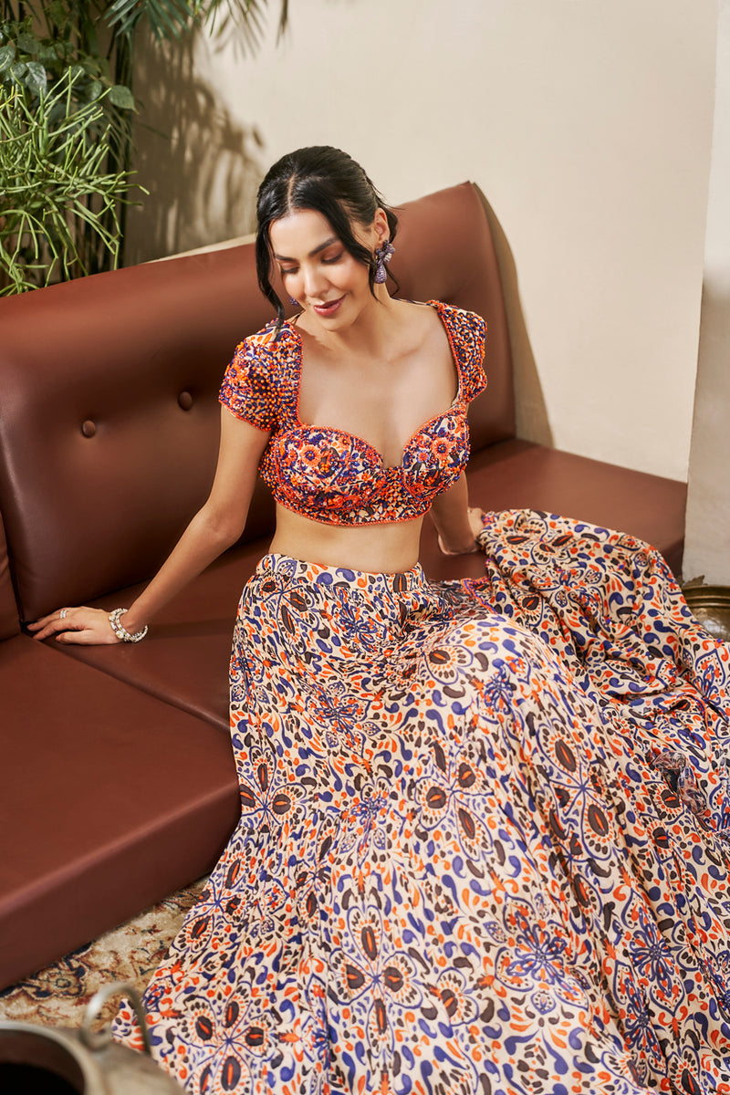 Moroccan Printed Blouse and Lehenga Set