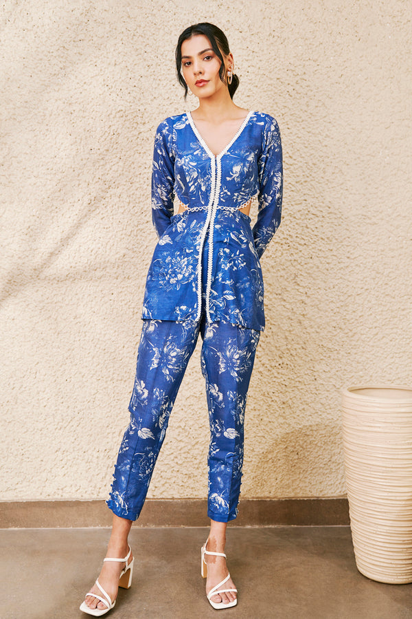 Blue and White Floral Printed Peplum and Pants Set