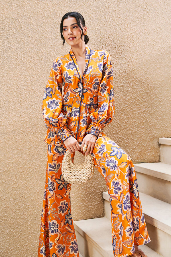 Rust Floral Print Summer Jacket With Pants