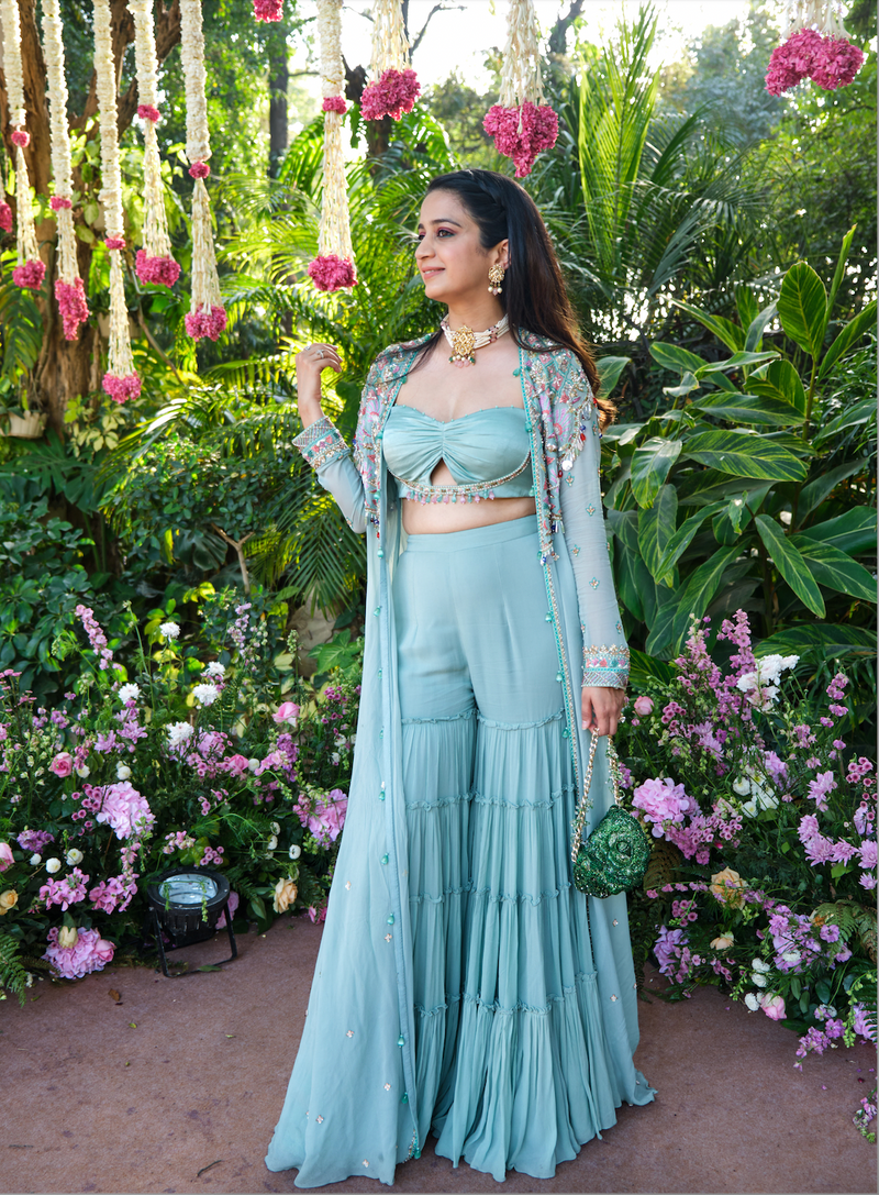 SANYA IN MINT GREEN CAPE AND SHARARA SET WITH CUT-OUT BUSTIER