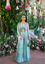 SANYA IN MINT GREEN CAPE AND SHARARA SET WITH CUT-OUT BUSTIER