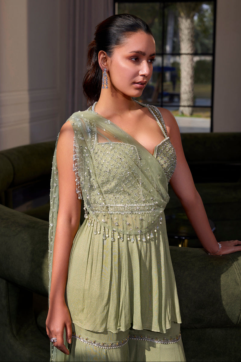 Sage Green Peplum With Drape Set Sanya Gulati Sage Green Peplum With Drape Set Sanya Gulati