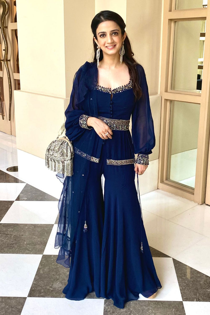 navy blue sharara dress Embroidered Navy Blue Silk Sharara Suit