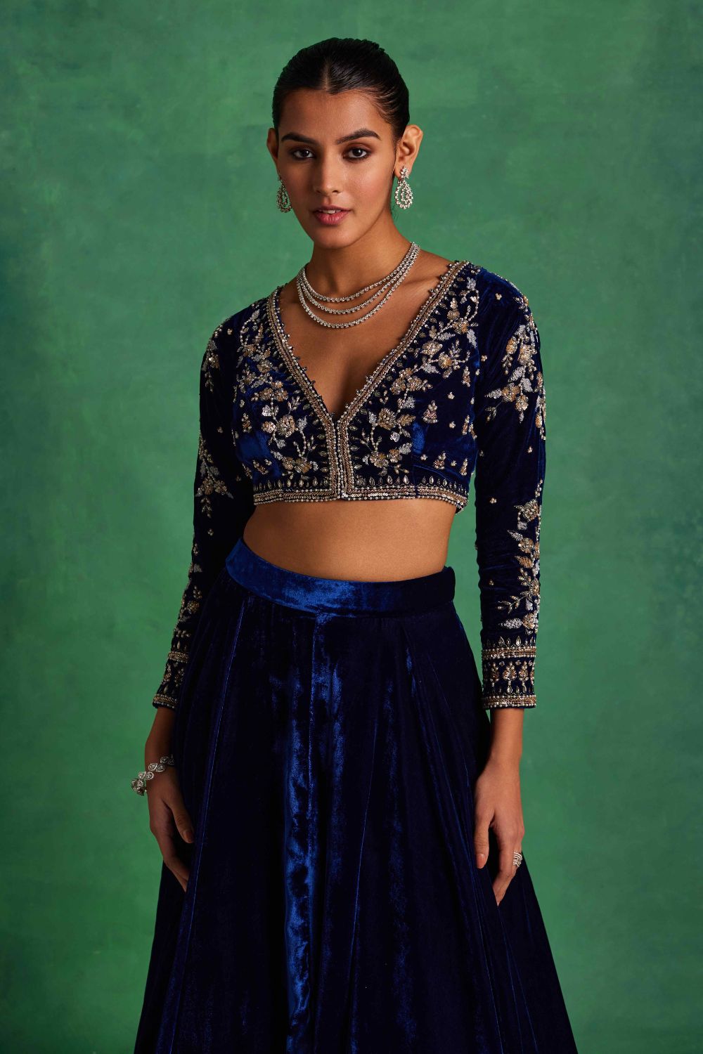 Blue Velvet Lehenga and Blouse Set - Main Image