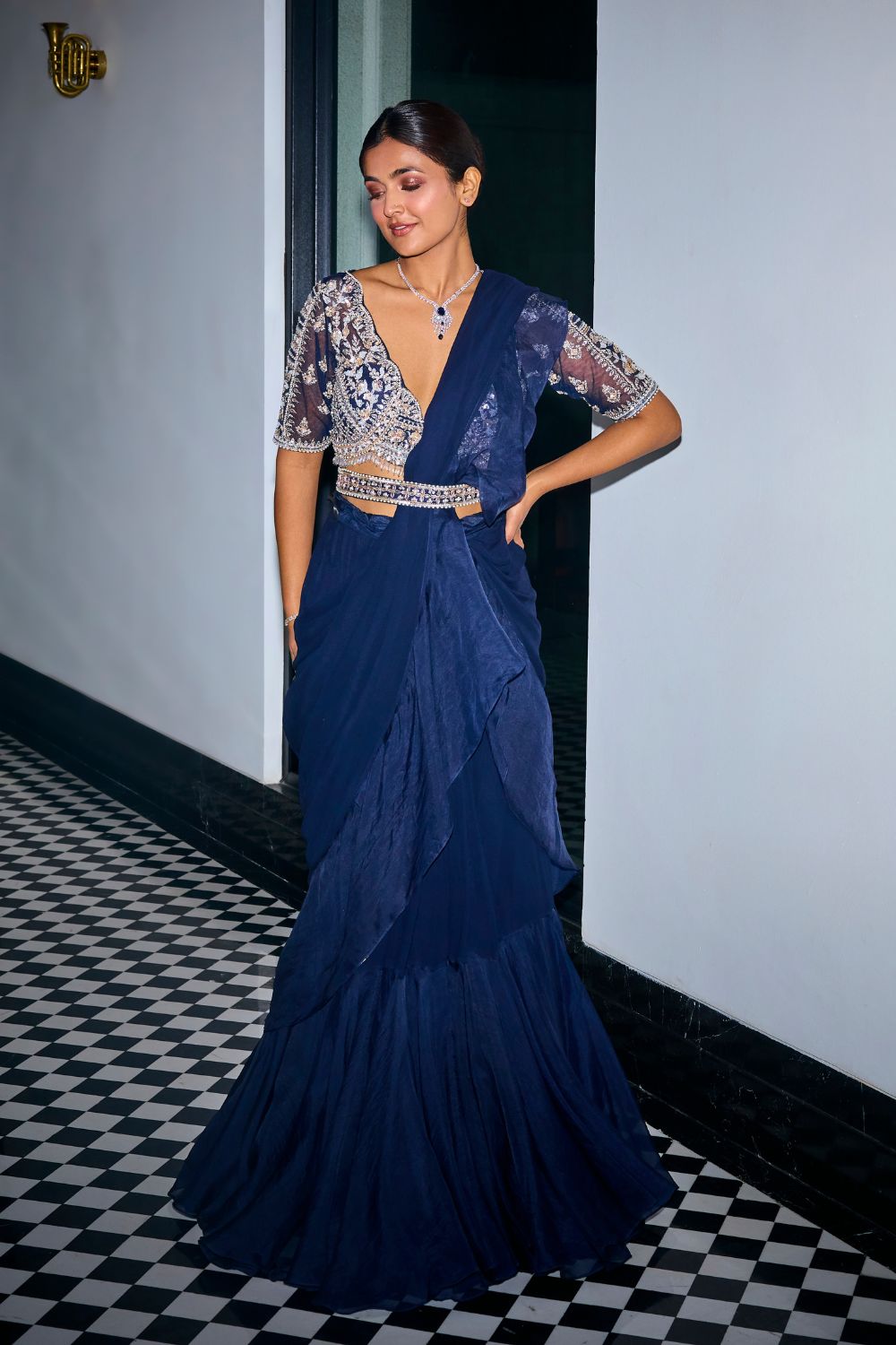Midnight Blue Ruffle Saree – Sanya Gulati