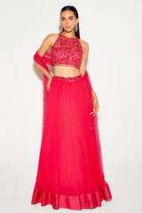 HOT PINK TONAL BLOUSE AND PLEATED LEHENGA SET