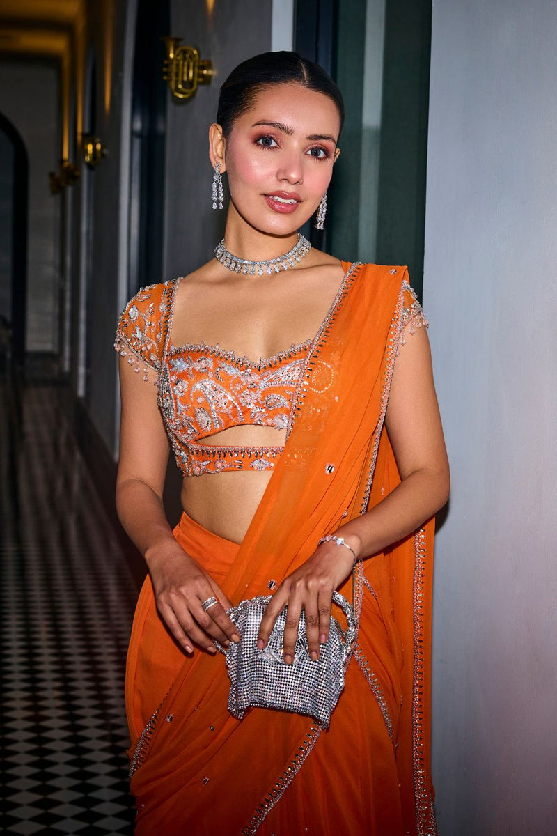 Orange Pre-Draped Saree