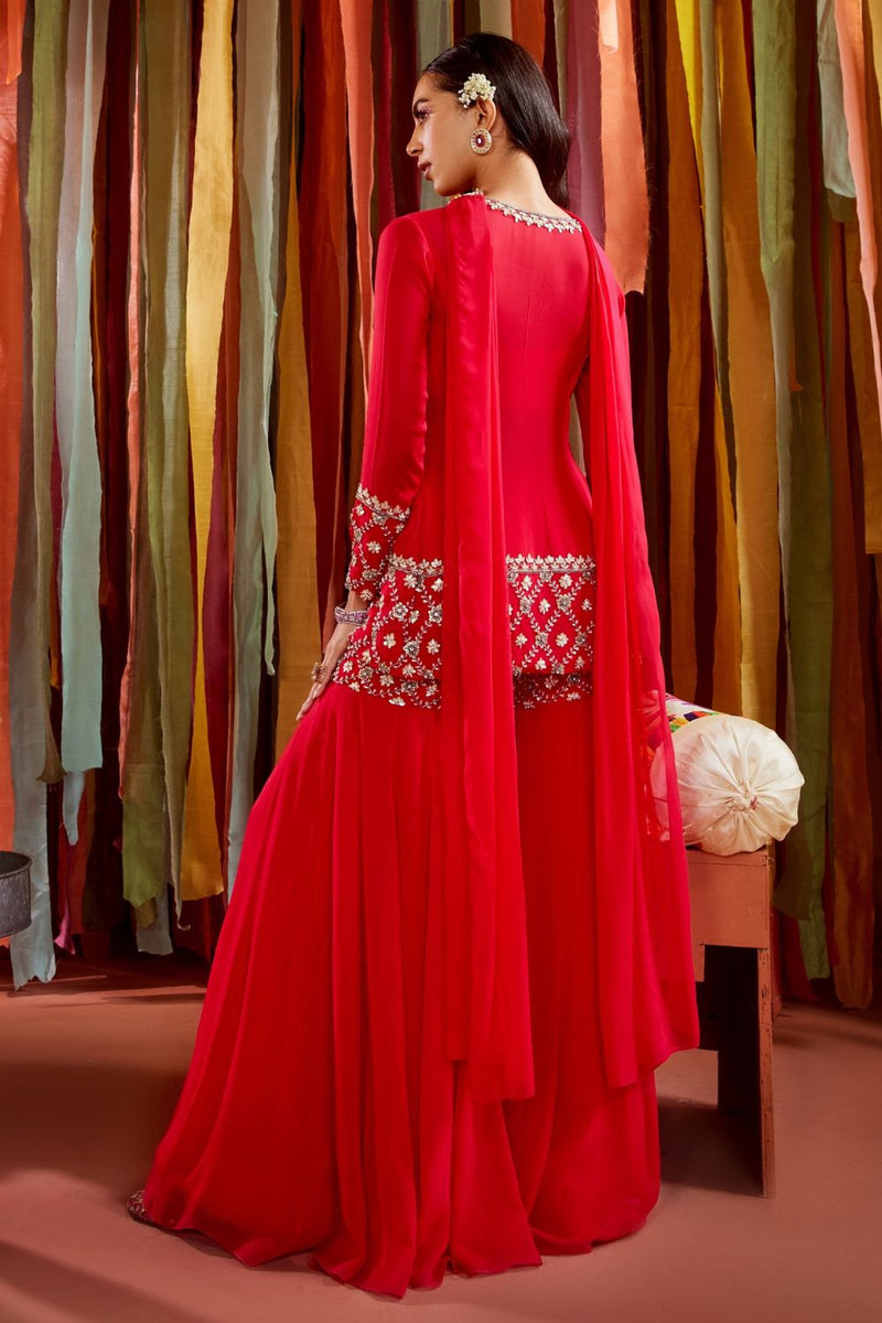 Sanya Gulati Floral Embroidered Short Jacket Sharara Set | Pink, Pearls,  Georgette, Jacket, Jac… | Sharara set, Party wear indian dresses, Stylish  dresses for girls