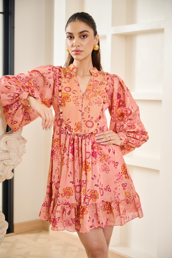 Pink Floral Printed Short Dress