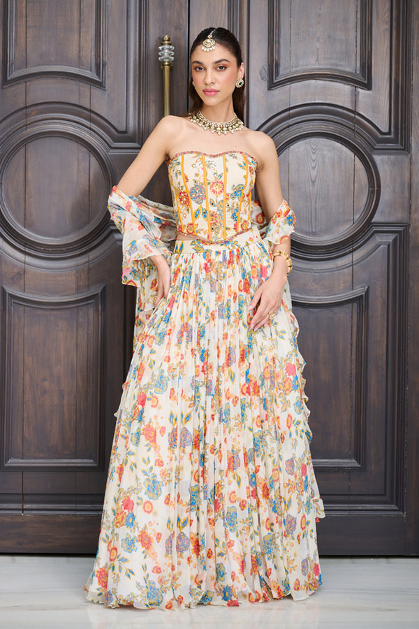 Ivory Floral Print Corset Lehenga Set