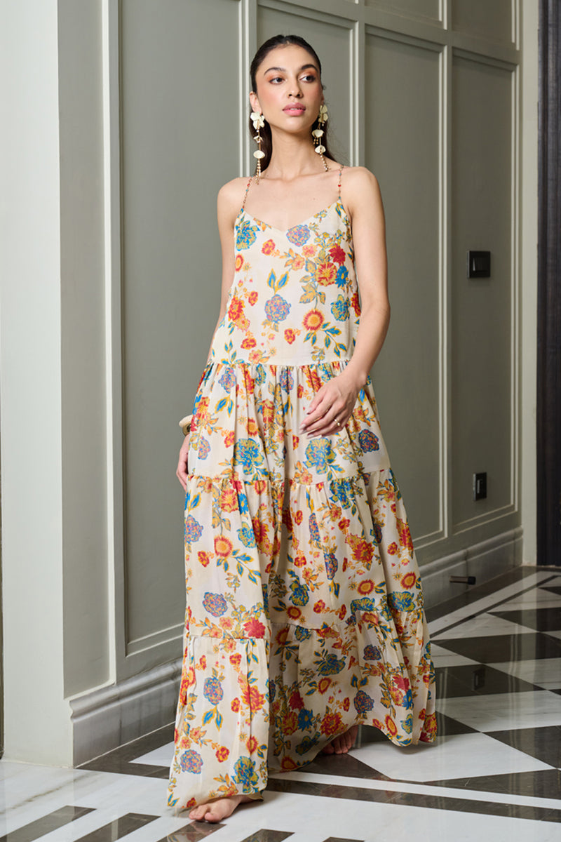 Ivory Floral Print Tiered Dress