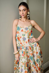 Ivory Floral Print Tiered Dress