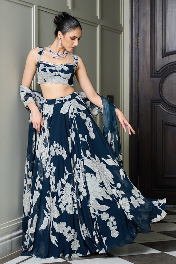 Blue Floral Print Lehenga Set
