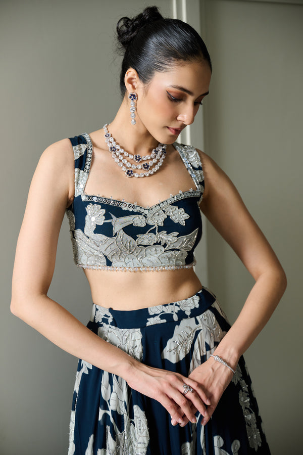 Blue Floral Print Lehenga Set