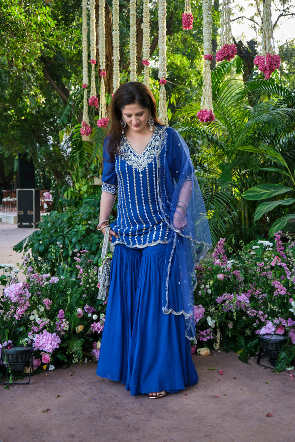 Sapna in Ink Blue Embroidered Kurta and Flared Pants Set