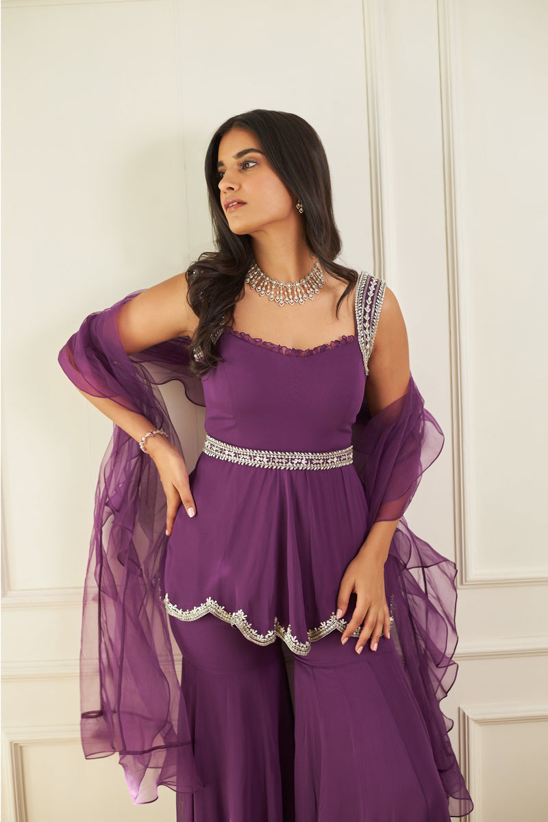 Purple Peplum with Kalidar Pants and Embroidered Belt