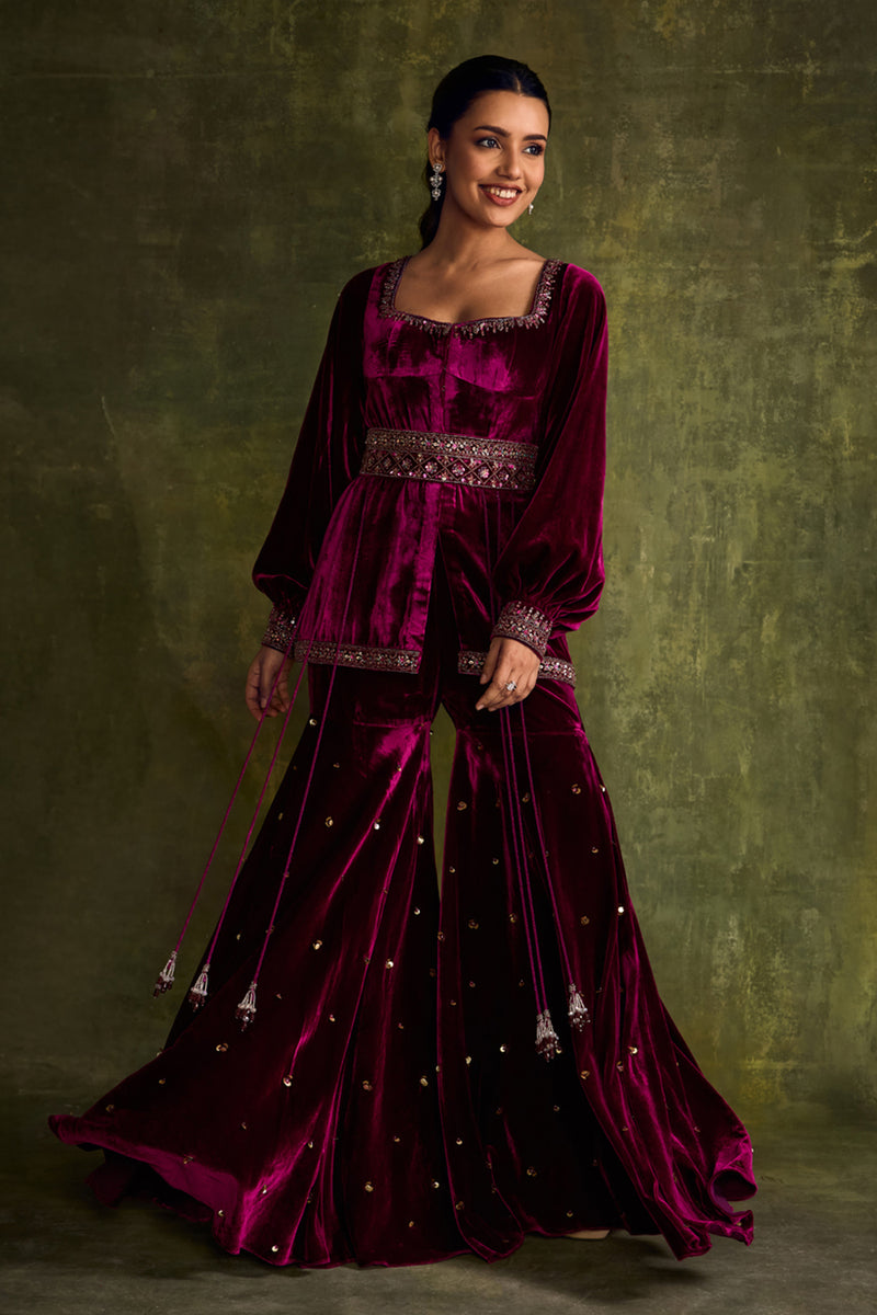 Mulberry Velvet Peplum and Sharara Set