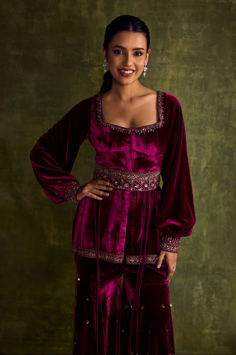 Mulberry Velvet Peplum and Sharara Set