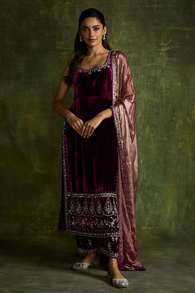 Mulberry Velvet High Slit Kurta and Pants Set