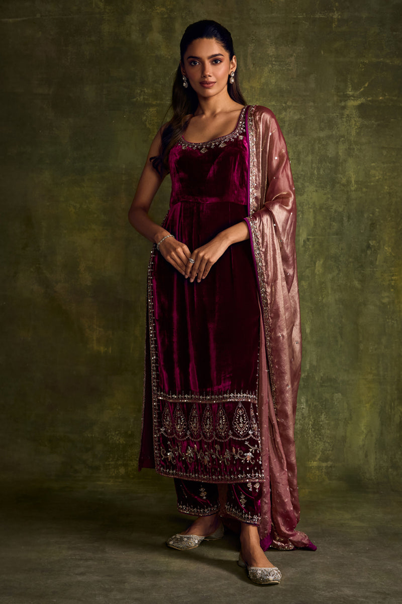 Mulberry Velvet High Slit Kurta and Pants Set