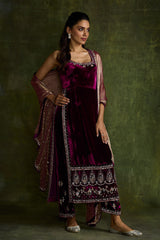 Mulberry Velvet High Slit Kurta and Pants Set