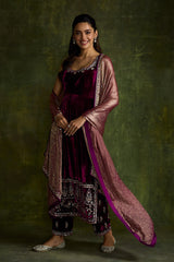 Mulberry Velvet High Slit Kurta and Pants Set