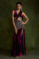 Mulberry Velvet Slit Pre-Draped Saree