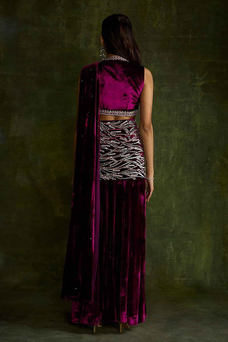 Mulberry Velvet Slit Pre-Draped Saree