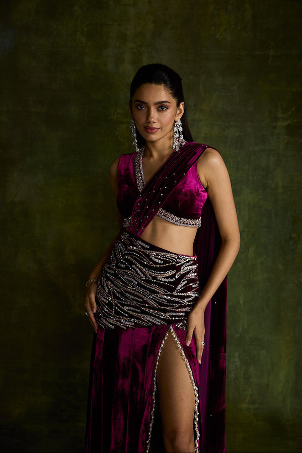 Mulberry Velvet Slit Pre-Draped Saree