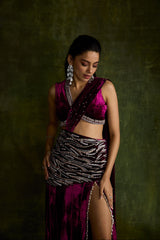 Mulberry Velvet Slit Pre-Draped Saree