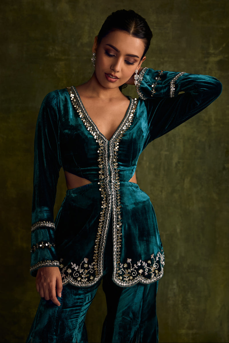 Turquoise Velvet Cut-out Peplum Set