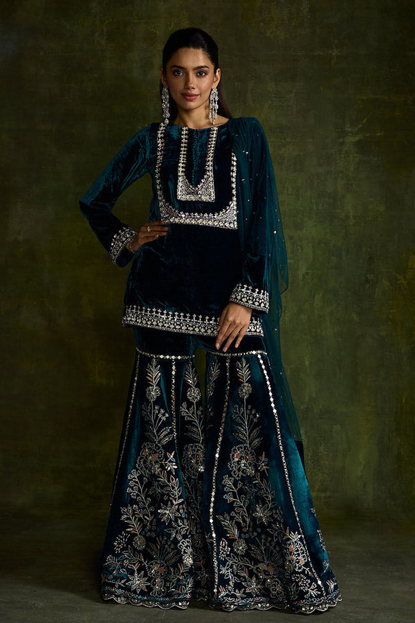 Teal Velvet Sharara Set