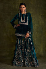 Teal Velvet Sharara Set